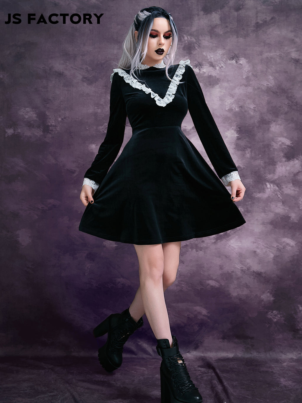 Contrast Lace Frill Trim Velvet Dress