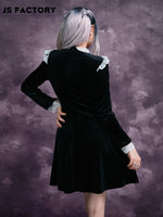Contrast Lace Frill Trim Velvet Dress