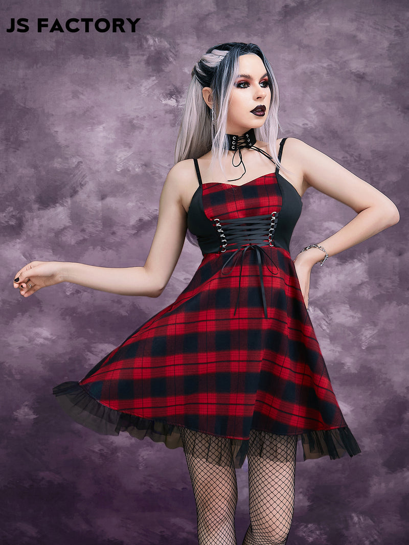 Lace Up Front Mesh Hem Plaid Cami Dress Without Gloves