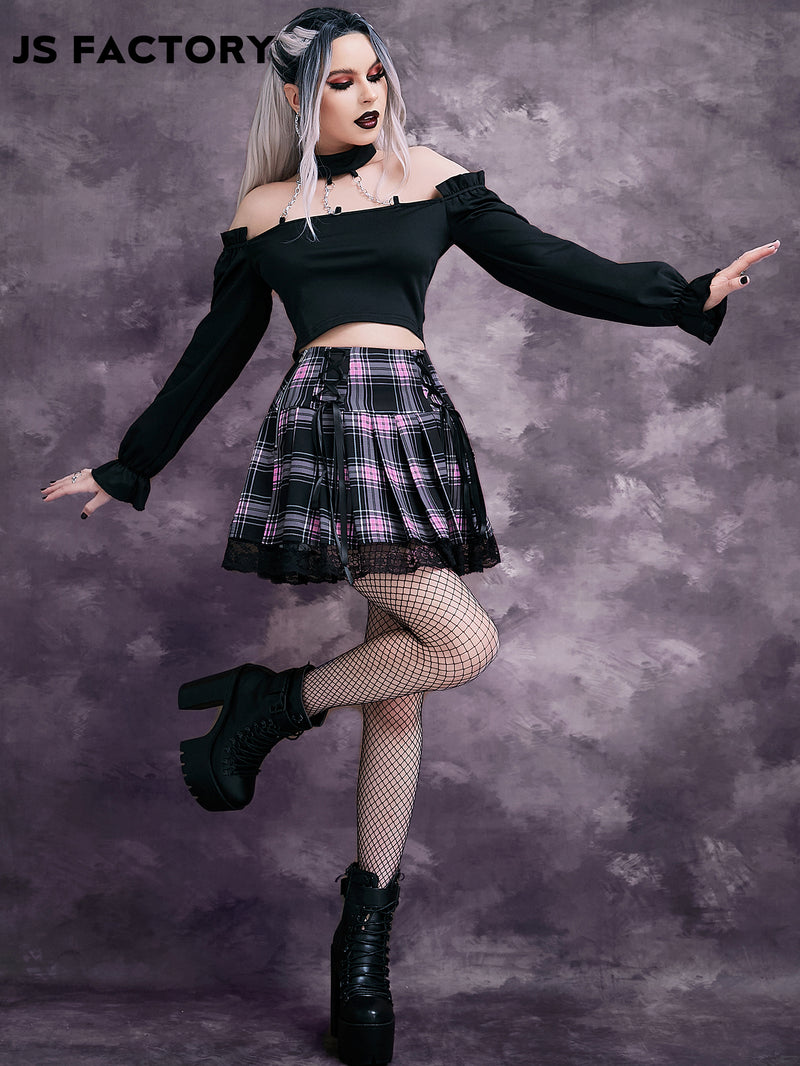 High Waist Lace Trim Tartan Lace Up Front Pleated Skirt