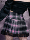 High Waist Lace Trim Tartan Lace Up Front Pleated Skirt