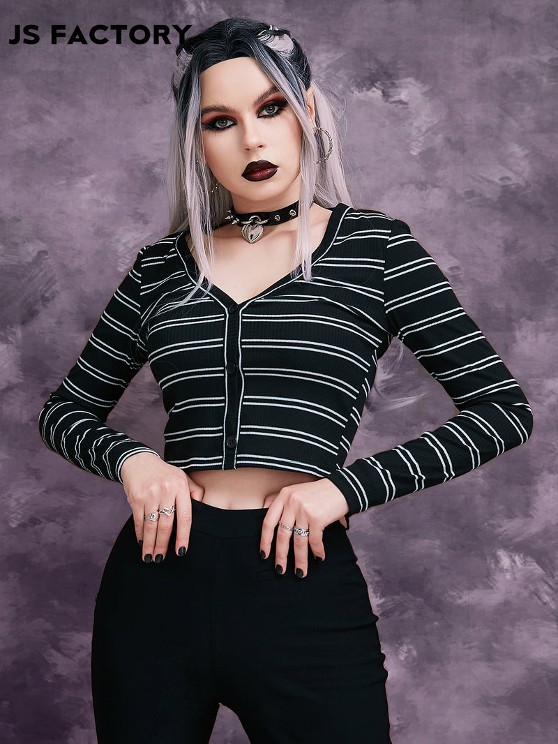 Striped Button Front Crop Tee
